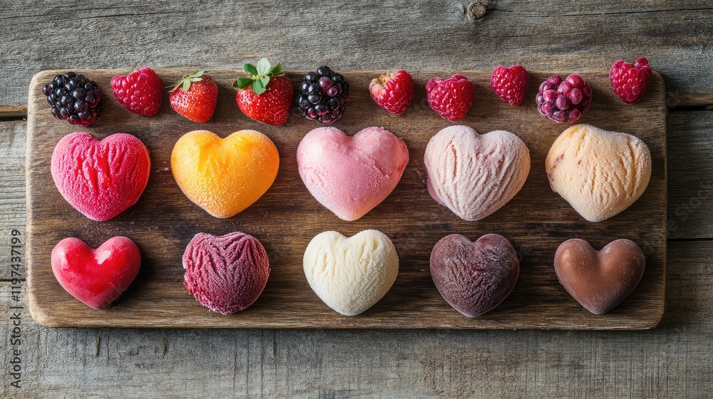 Assorted heart-shaped ice cream scoops with fresh fruits and berries on wooden board, flat lay composition for celebration. Assorted heart-shaped ice cream scoops with fresh fruits and berries on wooden board, flat lay composition for celebration.