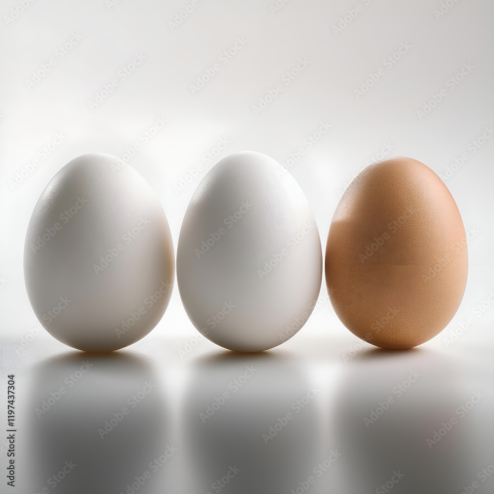 A harmonious arrangement of three eggs—two white and one brown—lined up on a pristine white surface. A harmonious arrangement of three eggs—two white and one brown—lined up on a pristine white surface.