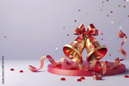 pair of Huge glossy shiny 3d golden Christian Christmas jingle bells with red ribbons patterns,Reindeer-shaped Christmas jingle bellsred podium, pale violet background