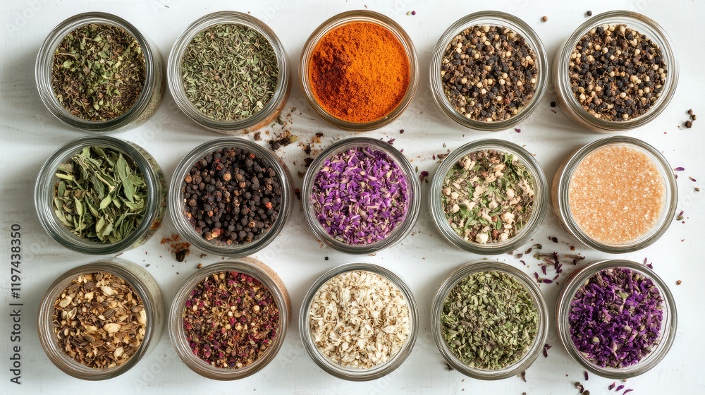 Variety of Kitchen Spices and Herbs in Glass Jars on Light Surface from Above Showing Colorful and Textured Ingredients