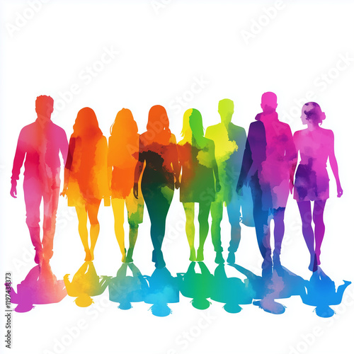 Vibrant multicolored silhouettes of diverse people walking together, symbolic of unity, diversity, and community in a modern artistic style