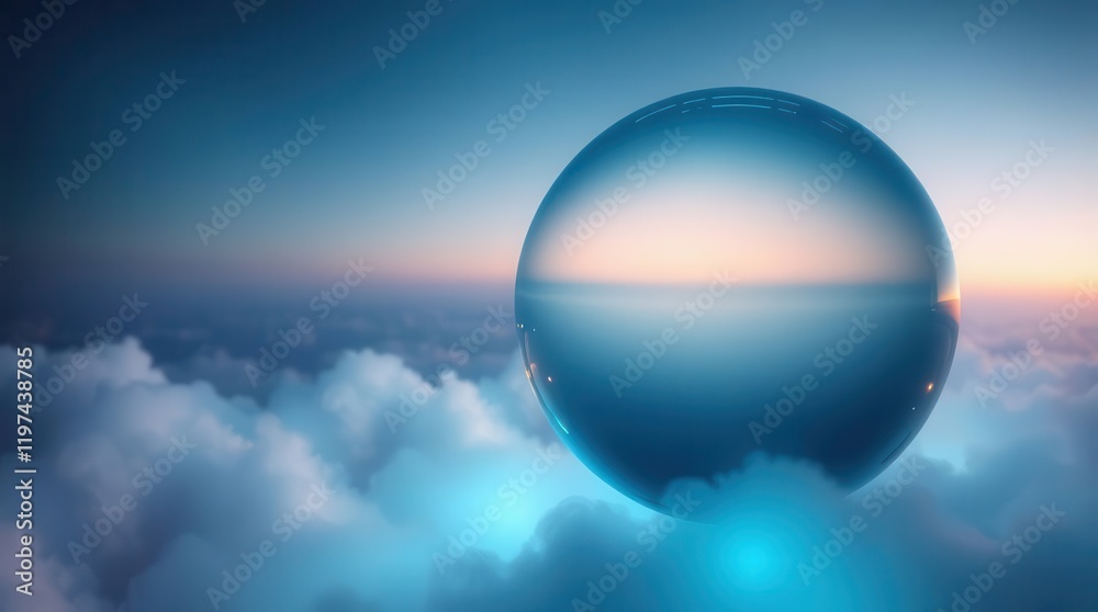 A surreal image featuring a reflective sphere floating above soft clouds, blending vibrant colors of the sky at dawn or dusk. A surreal image featuring a reflective sphere floating above soft clouds, blending vibrant colors of the sky at dawn or dusk.