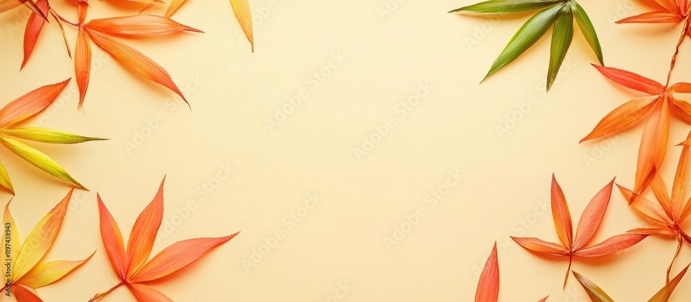 Vibrant Autumn Bamboo Arrangement with Colorful Leaves in Red, Orange, and Green on Soft Cream Background for Text Placement Vibrant Autumn Bamboo Arrangement with Colorful Leaves in Red, Orange, and Green on Soft Cream Background for Text Placement