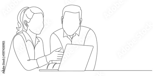 Line art illustration of a person with a laptop. Vector eps