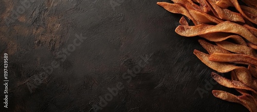 Crispy fried bacon strips on a textured dark background with ample copy space for text placement photo