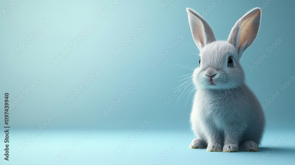 Obraz premium White rabbit sitting on a light blue surface with soft textures