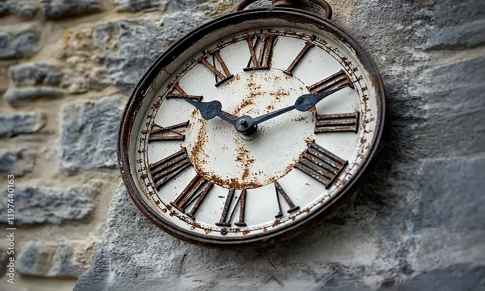 Rustic clock, stone wall background, time concept, vintage decor