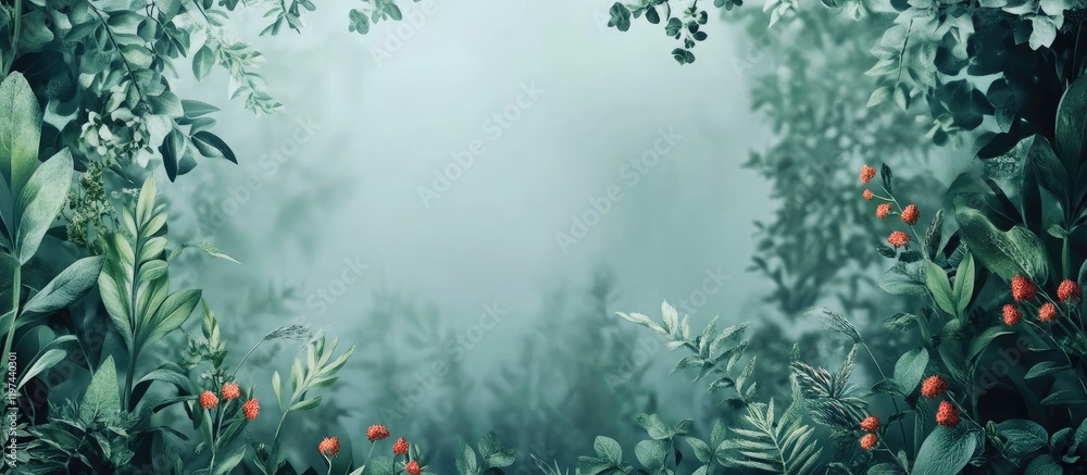 Lush green garden with automatic irrigation system in background and tranquil misty atmosphere featuring vibrant foliage and red berries Lush green garden with automatic irrigation system in background and tranquil misty atmosphere featuring vibrant foliage and red berries