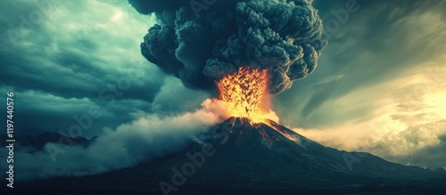 Active volcanic eruption with ash clouds and lava flow under dramatic sky, showcasing nature's power, with Copy Space for text placement.