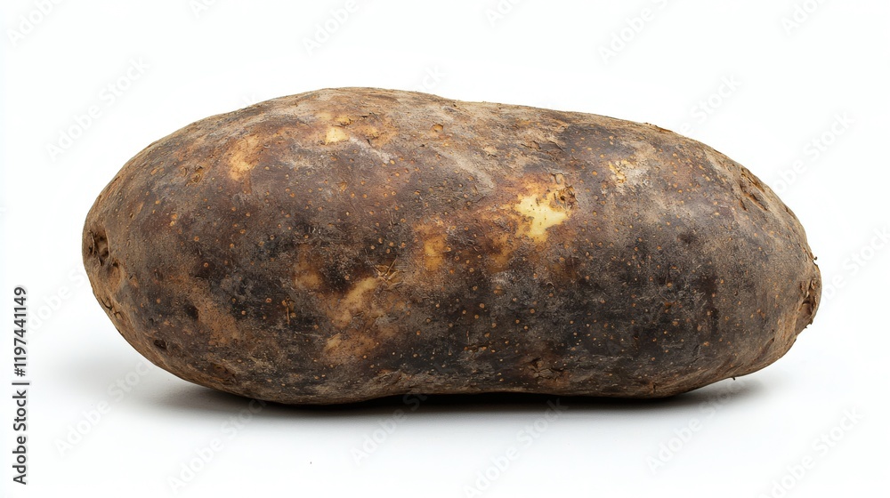 Isolated of a single potato placed on a white background highlighting its smooth surface and earthy texture Stock Photo with side copy space Isolated of a single potato placed on a white background highlighting its smooth surface and earthy texture Stock Photo with side copy space