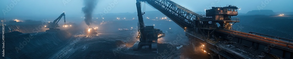 Obraz premium Massive mining operation, nighttime, coal extraction.