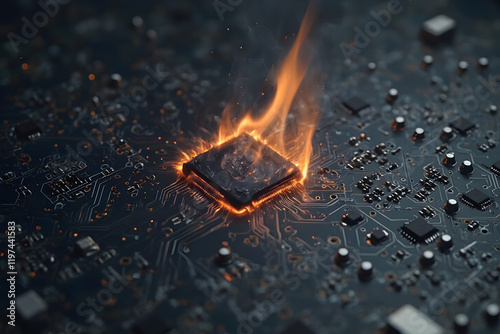 Burnt Circuit Board with Flames and Smoke