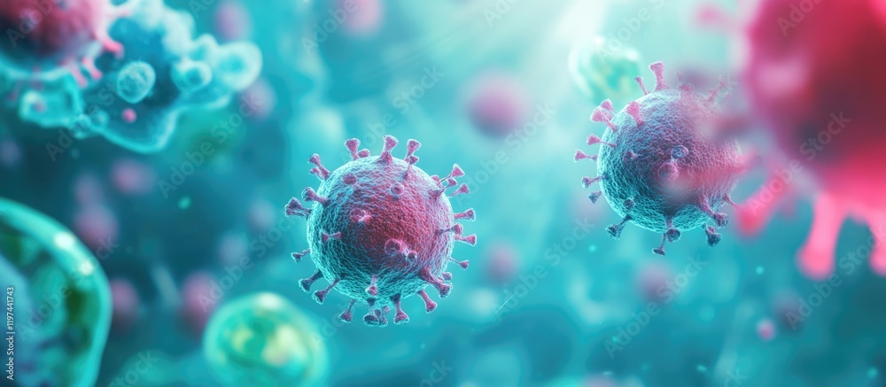 Colorful close-up of virus particles in a microscopic view with abstract background and Copy Space for text placement Colorful close-up of virus particles in a microscopic view with abstract background and Copy Space for text placement