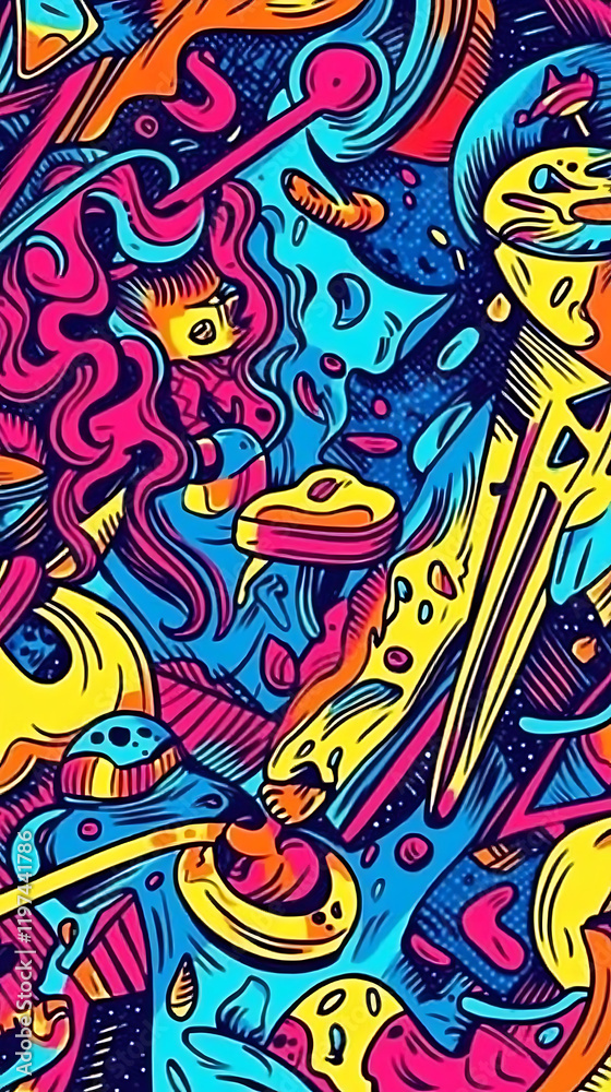 Fototapeta premium Vibrant abstract doodle art background. Perfect for website banners, phone wallpapers, and creative projects. Bold colors and playful shapes.