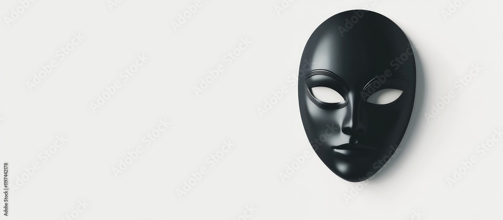 Black theatrical mask icon on clean white background with blank space for text, right side placement, minimalist design concept. Black theatrical mask icon on clean white background with blank space for text, right side placement, minimalist design concept.