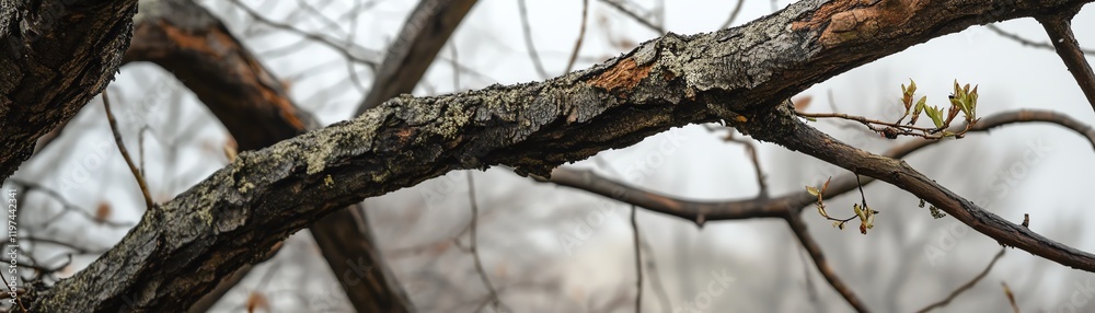 Close-up of textured branches with small green buds against a soft background. Close-up of textured branches with small green buds against a soft background.