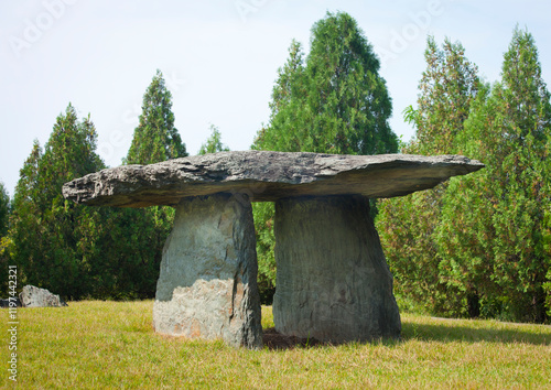Bronze age dolmen in a field, Pyongan Province, Munhung-ri, North Korea