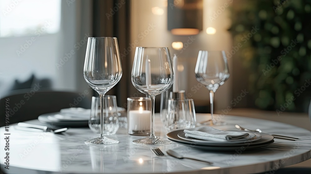A modern marble dining table set with elegant tableware, wine glasses, and a candle A modern marble dining table set with elegant tableware, wine glasses, and a candle