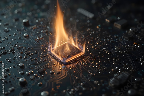 A Burst of Electronic Heat,Flaming Central Processing Unit chip on a Circuit Board