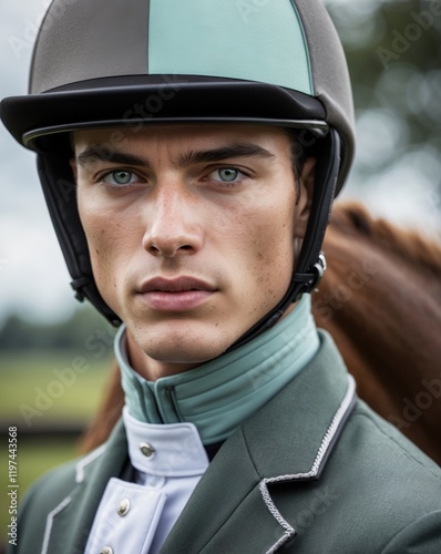 A portrait of a young equestrian wearing a helmet and stylish riding attire, showcasing a serious expression against a blurred outdoor backdrop. photo