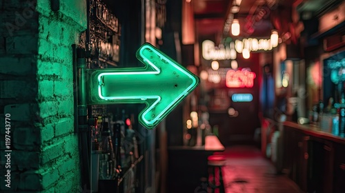 A neon one-way arrow sign in green, directing visitors toward a hidden speakeasy bar entrance