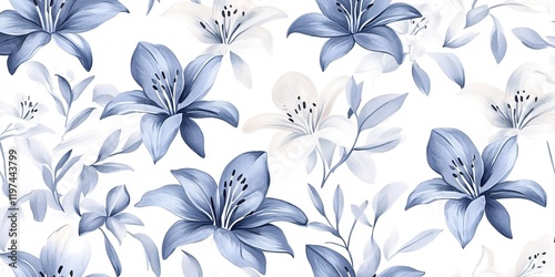 A seamless pattern of lilies in shades of blue and gray, arranged on a white background, in a watercolor style.