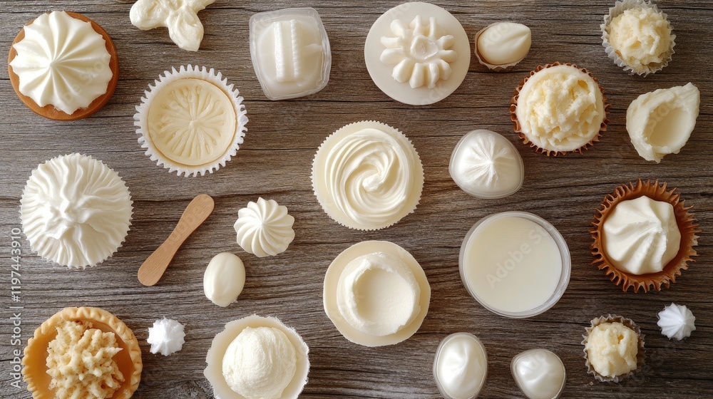 Variety of cream molds arranged on a textured wooden table surface Variety of cream molds arranged on a textured wooden table surface