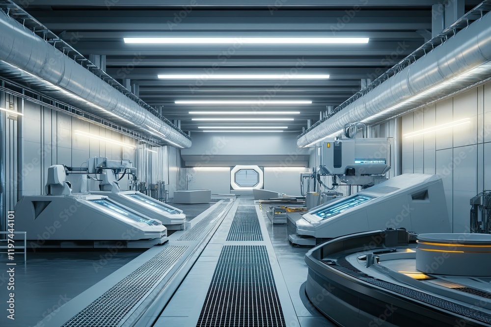 Obraz premium Futuristic factory interior with automated machinery.