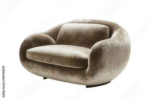Plush velvet armchair, rounded design, cozy seating, contemporary style, neutral beige tones, luxurious comfort. Isolated on white background or PNG