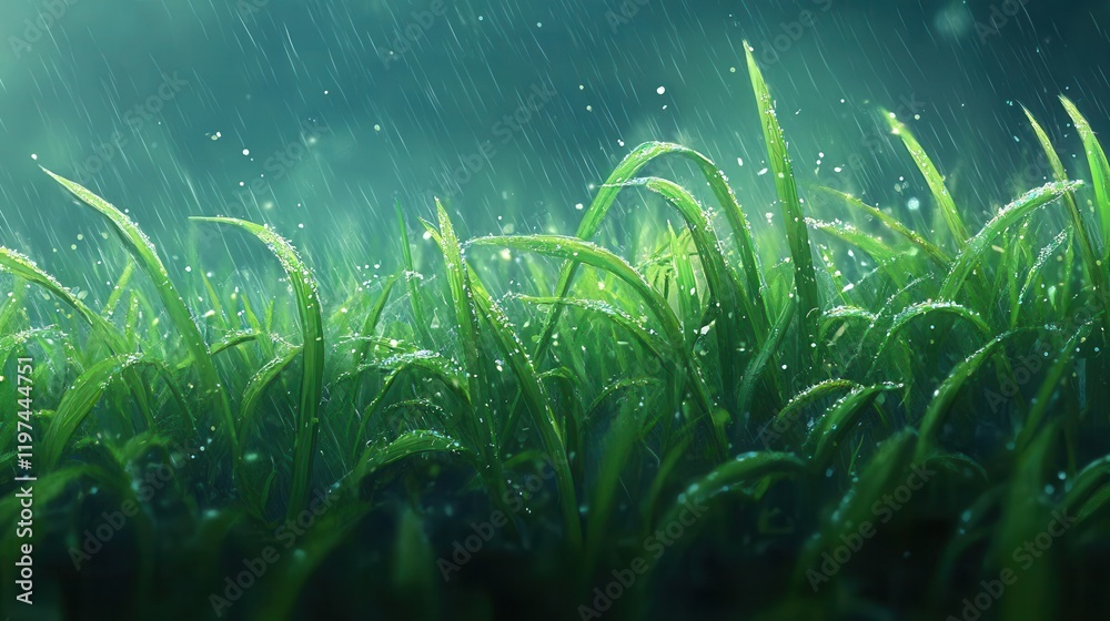 Fototapeta premium Green grass covered in rain droplets under cloudy weather
