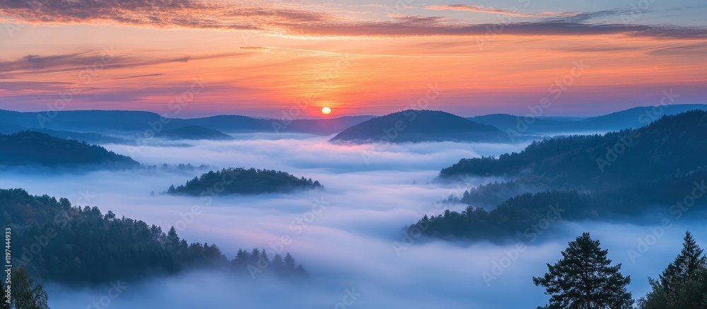 Fototapeta premium Vibrant Sunset Casting Warm Hues Over Fog-Blanketed Mountains with Open Area for Text Space