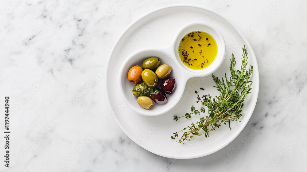 Mediterranean olives and herb-infused olive oil on marble background Mediterranean olives and herb-infused olive oil on marble background