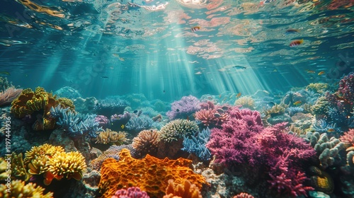 A colorful coral reef teeming with life beneath the crystal-clear waters of the ocean. photo