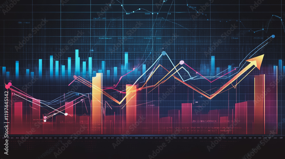 Naklejka premium Abstract black background with Colorful charts and graphs with statistics to innovative analyze business potential and forecast future development of companies growth. Category Business