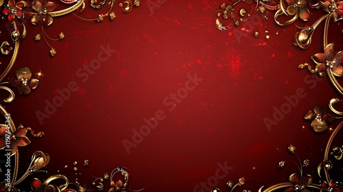 A dark red background with metallic and red patterns around the borders.