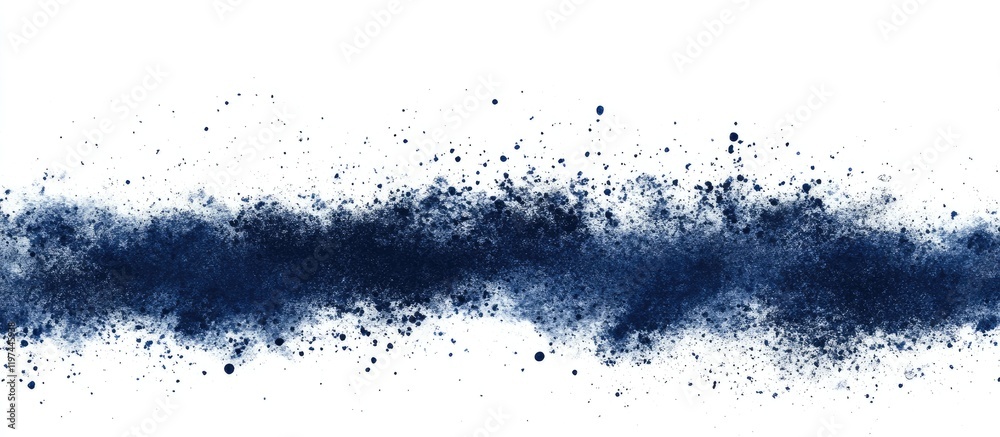 Obraz premium Navy blue abstract powder splatter texture on white background with copy space for design and text placement