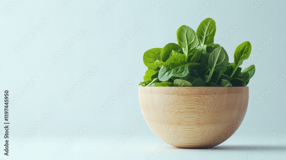 Isolated of spinach leaves piled in a wooden bowl placed on a clean white surface Stock Photo with side copy space