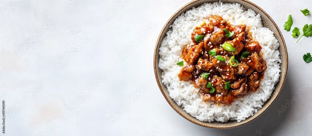 Braised pork or beef served on fluffy white rice topped with vibrant chili garlic sauce and fresh herbs on a light background with empty space for text