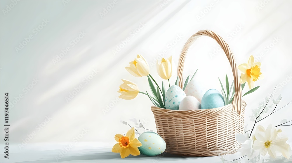 minimalistyczna ilustracja, wielkanocny koszyk, koszyk wiklinowy, pastelowe kolory, pisanki, tulipany, żonkile, kwiaty wiosenne, prosty design, nowoczesny styl, czyste tło, białe tło, miękkie cienie,