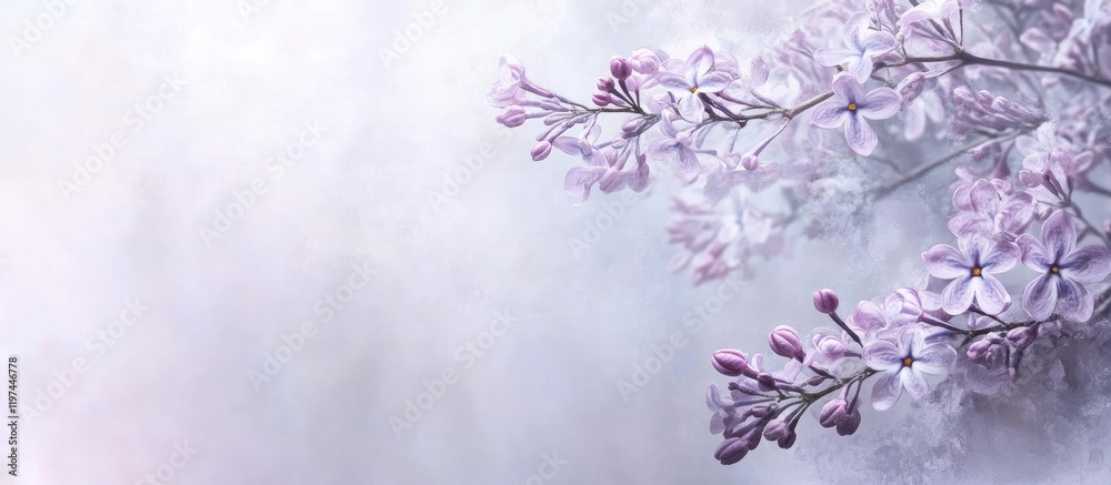 Fototapeta premium Delicate purple lilac blossoms on a soft gray background creating an elegant and serene composition with ample empty space for text and design elements