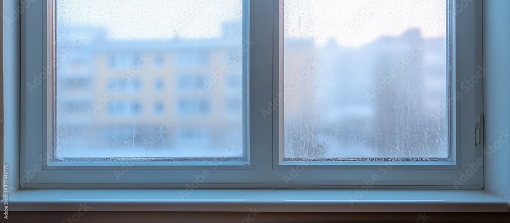 Frosted window pane with condensation and blurred exterior view of buildings and trees Copy Space Frosted window pane with condensation and blurred exterior view of buildings and trees Copy Space