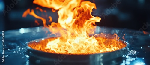 Flame Eruption from Gas Burner with Water Reflection in Dark Kitchen Environment Copy Space photo