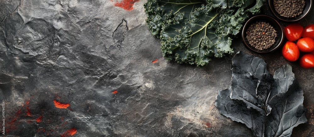 Vibrant Black Kale Leaves with Herb Butter and Spices on Dark Textured Surface with Cherry Tomatoes and Empty Copyspace for Text Vibrant Black Kale Leaves with Herb Butter and Spices on Dark Textured Surface with Cherry Tomatoes and Empty Copyspace for Text