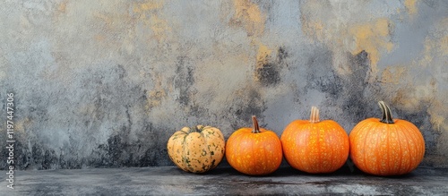 Autumnal pumpkins in vibrant orange hues arranged on a textured stone background with warm earthy tones and ample blank space for seasonal text.
