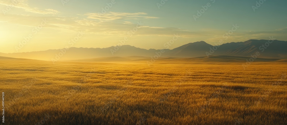 Obraz premium Expansive golden wheat field under a vibrant sunset with distant mountains, featuring open space for text, captured from a wide-angle perspective.