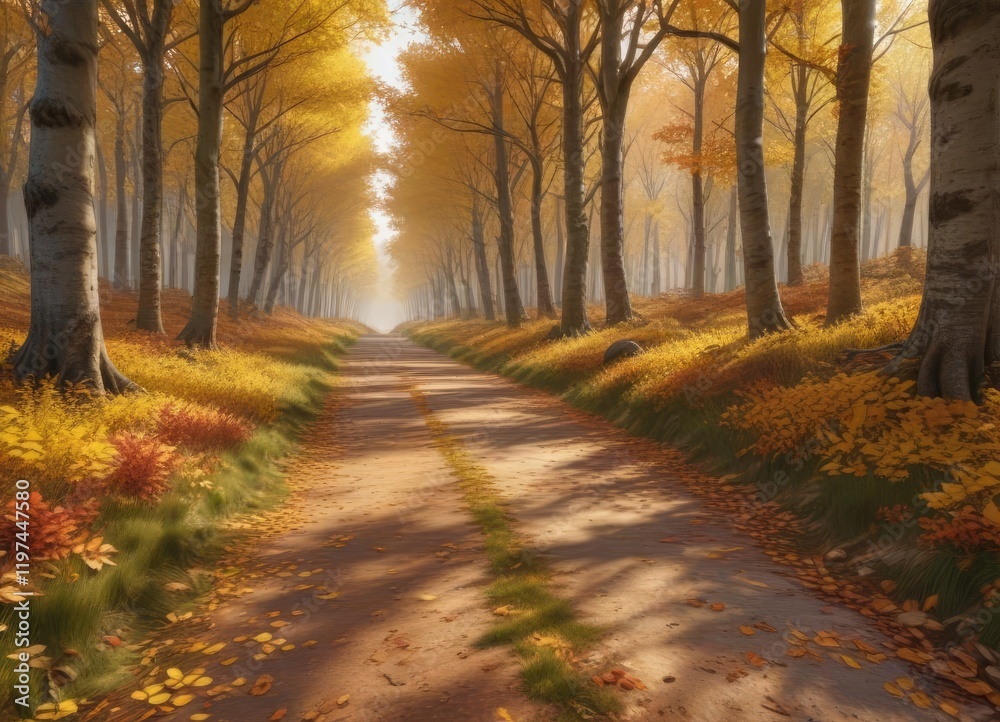 A forest path winds through a carpet of golden leaves amidst towering trees in autumn, golden leaves, autumn forest A forest path winds through a carpet of golden leaves amidst towering trees in autumn, golden leaves, autumn forest