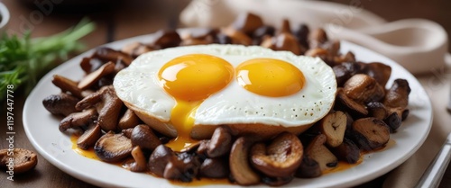 A fried egg on a bed of sautéed mushrooms with a perfectly cooked white and runny yolk, runny yolk, morning meal photo