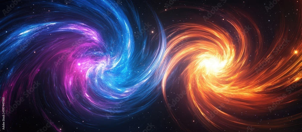 Obraz premium Colorful Colliding Galaxies in Blue Pink and Orange Swirls with Cosmic Background and Empty Space for Text in a Wide Format