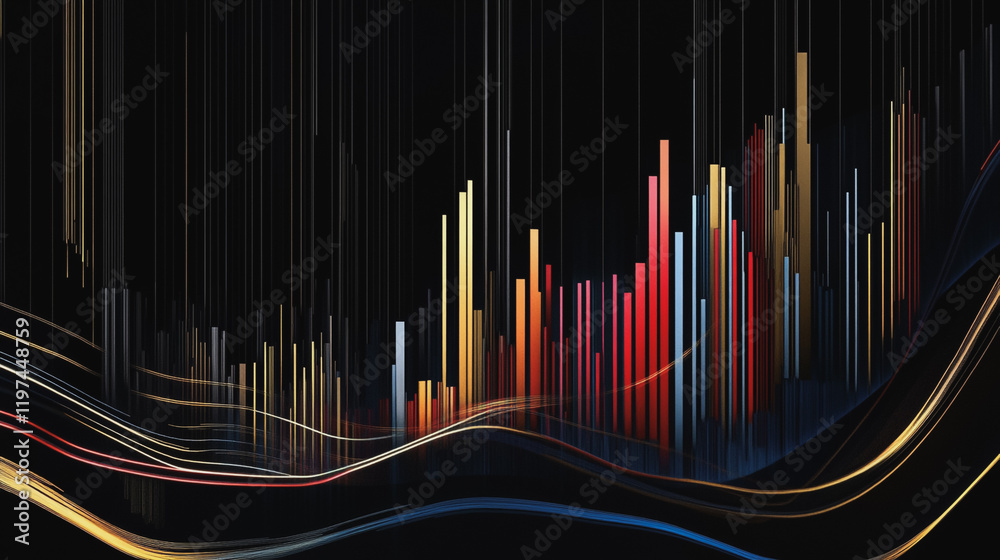 Abstract black background with Colorful charts and graphs with statistics to innovative analyze business potential and forecast future development of companies growth. Abstract black background with Colorful charts and graphs with statistics to innovative analyze business potential and forecast future development of companies growth.