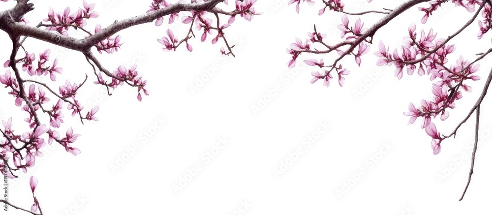 Delicate Pink Blossoms of Redbud Tree Branches Framing White Space for Text in Tranquil Spring Setting Delicate Pink Blossoms of Redbud Tree Branches Framing White Space for Text in Tranquil Spring Setting